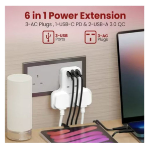 Moxedo 6 In 1 Uk-Plug Power Extension Pe033 Adapter With 2 Usb-A Ports And 20W Usb Type-C Pd 3.0 Fast Charging, 3 Way Electrical Extender Outlet For Home, School And Office