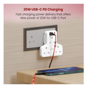 Moxedo 6 In 1 Uk-Plug Power Extension Pe033 Adapter With 2 Usb-A Ports And 20W Usb Type-C Pd 3.0 Fast Charging, 3 Way Electrical Extender Outlet For Home, School And Office