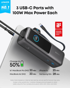 Anker Laptop Power Bank 25K, 165W, Built-In and Retractable Cables