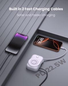 Moxedo Snap-On Wireless Charging Power Bank 8000mAh 15W PD Fast Charging Portable Charger with Built-in USB-C Cable - Purple