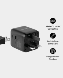 Momax 1-World Universal Travel Charger with Dual AC Outlets | With built-in JP/US, CN, TW, UK, EU, AU sockets | UA19D - Black
