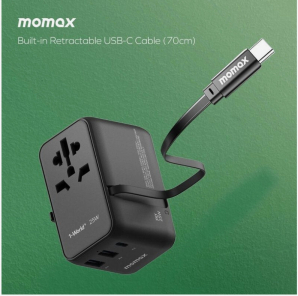 Momax 1-World+ 3-Ports Travel Charger with Built-In USB-C Cable (25W) - Black