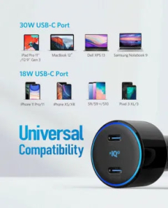 Anker A2725H11 Power Drive + III Duo 48W Car Charger With 2 USB-C Power IQ 3.0 Ports  Black